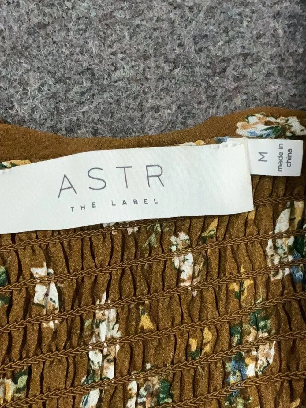 ASTR the Label Brown Ditsy Floral Smocked Ruffle Tie Neck Top Size M
